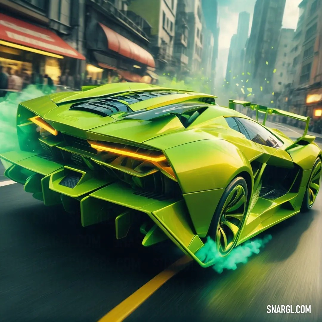 A sleek green sports car racing deftly through a sunlit city, leaving trails of smoke behind as it embraces the thrill of speed on its scenic route.