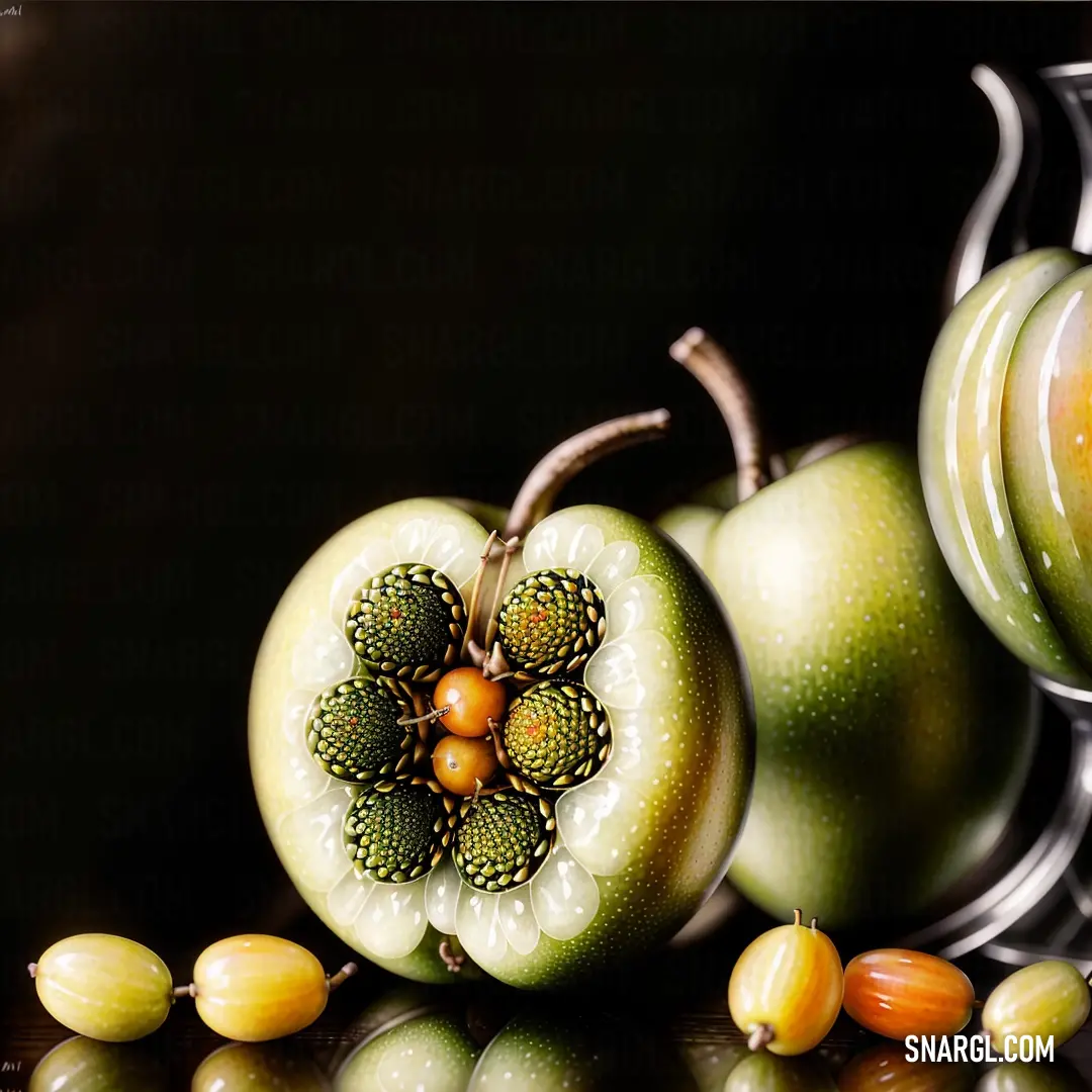 Group of green apples next to each other on a table with nuts around them and a vase