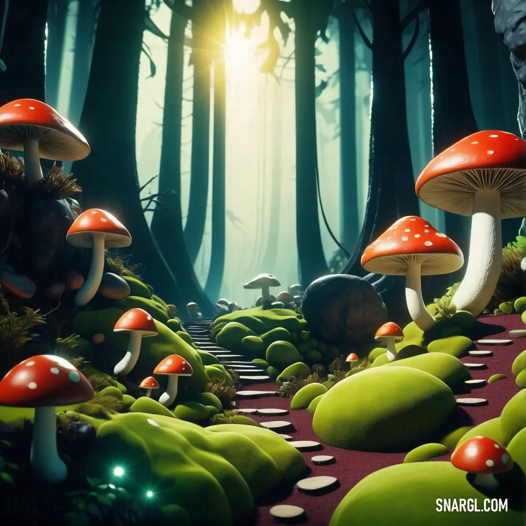 Group of mushrooms in a forest with a path leading to them and a bright light shining through the trees. Color RGB 141,182,0.