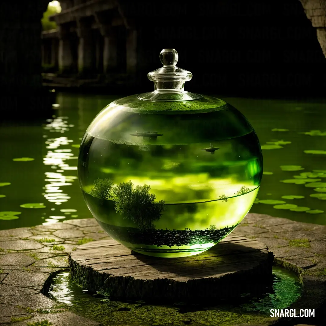 Large glass jar with a tree inside of it on a rock near water and a dock with lily pads. Color Apple green.