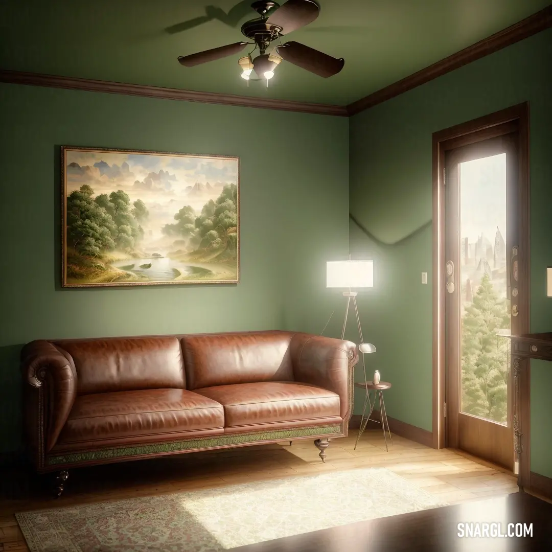 Living room with a couch and a ceiling fan in it's corner with a painting on the wall