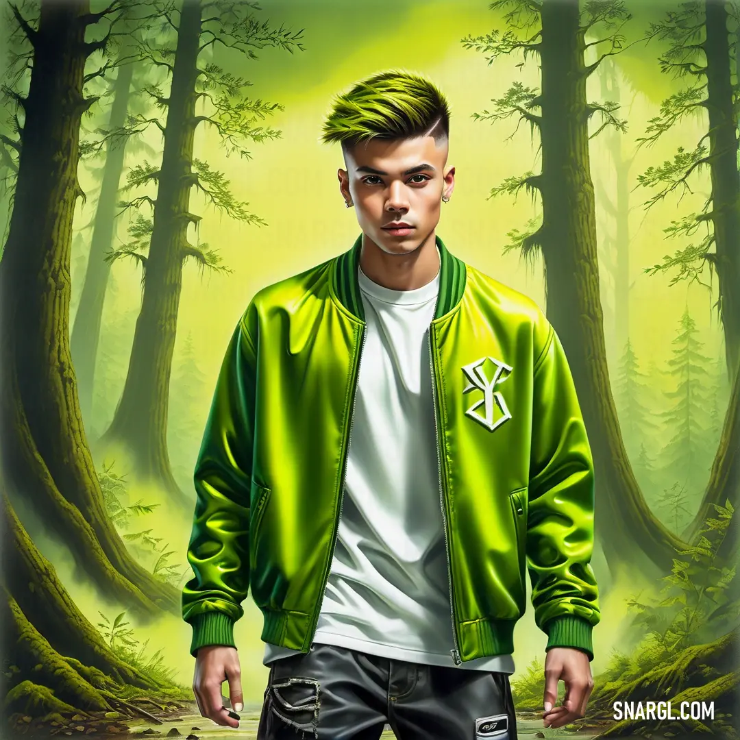 Man with a green jacket and white shirt standing in a forest with trees and grass on the sides. Color CMYK 23,0,100,29.