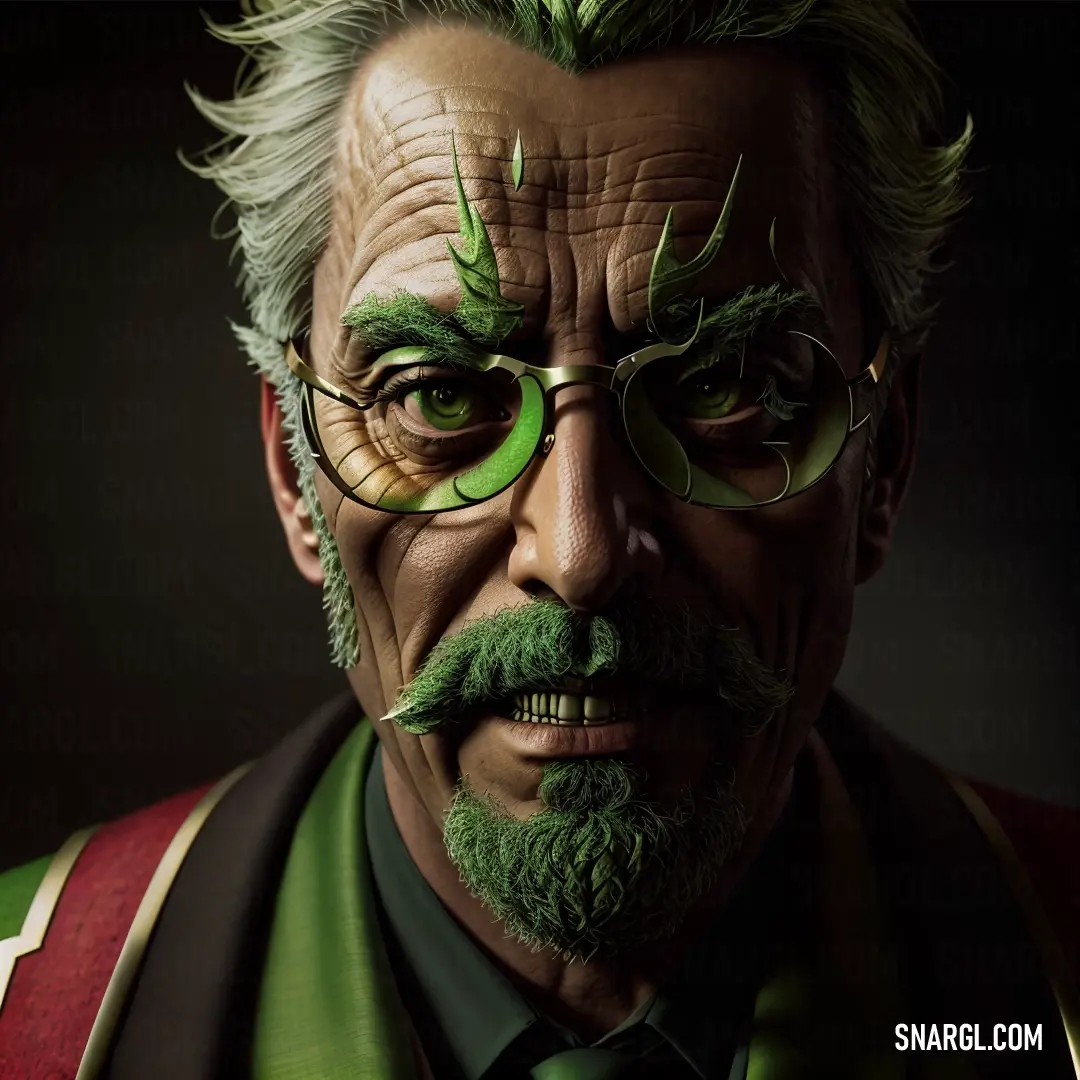 Man with green hair and glasses on his face and a green mustache