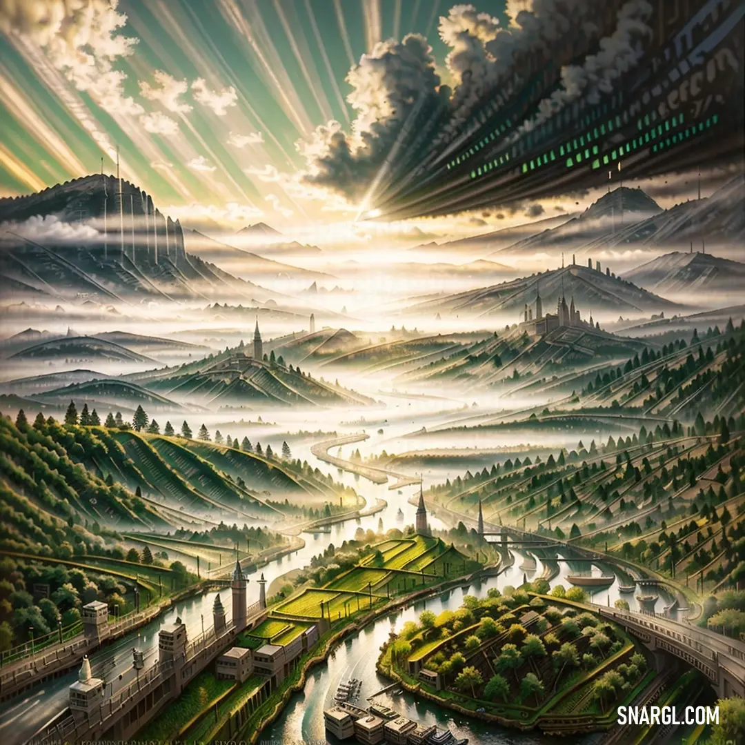 Painting of a city with a river running through it and a sky line in the background with clouds. Color Apple green.