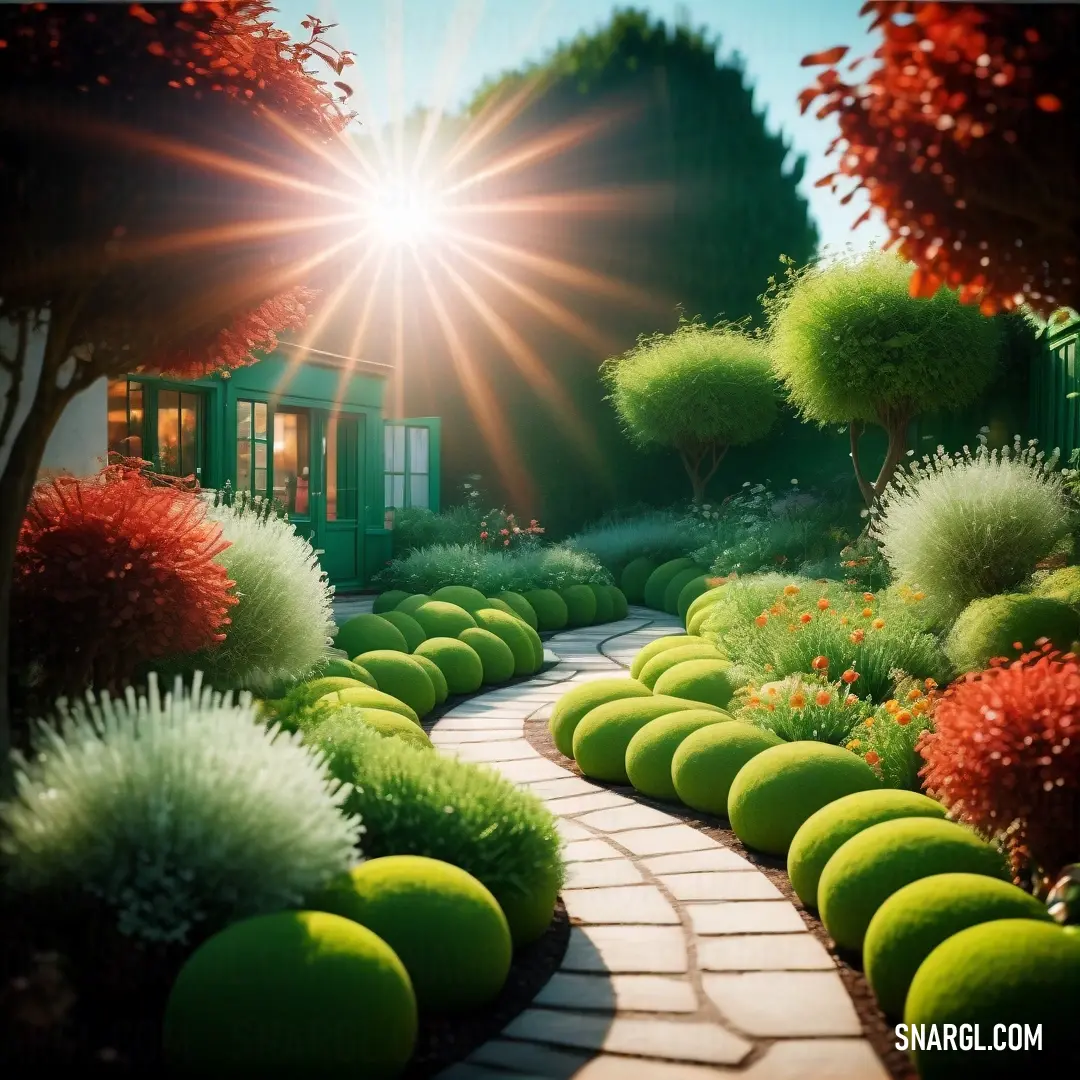 Painting of a garden with a pathway and a house in the background with the sun shining through the trees. Example of Apple green color.