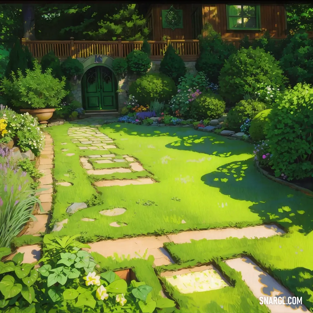 Painting of a garden with a green door and a walkway leading to a house with a green door. Color #8DB600.