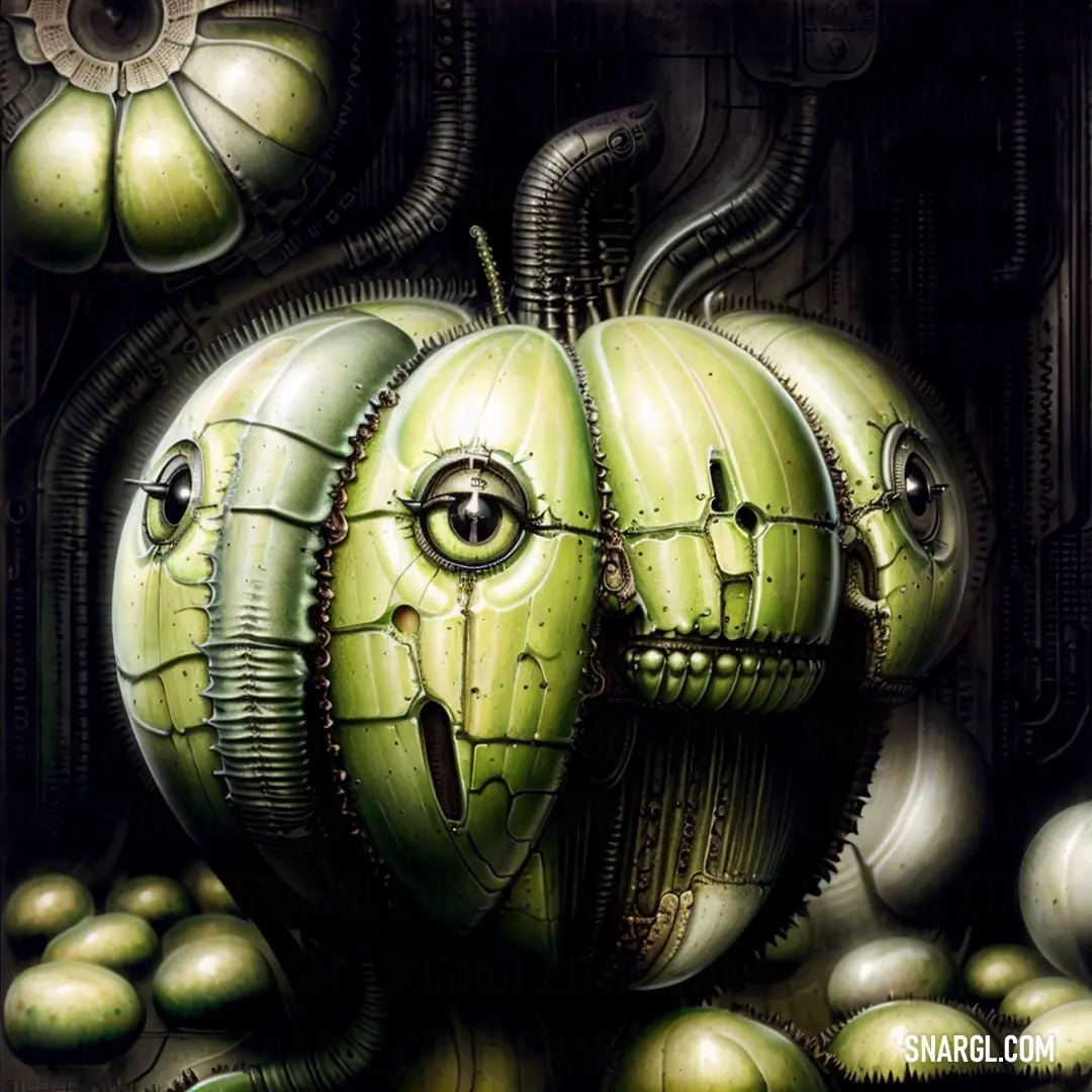 Painting of a green alien creature surrounded by green apples and mushrooms