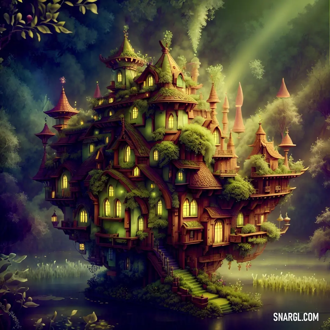 Painting of a tree house with lots of windows and lights on it's roof and a staircase leading to the upper level