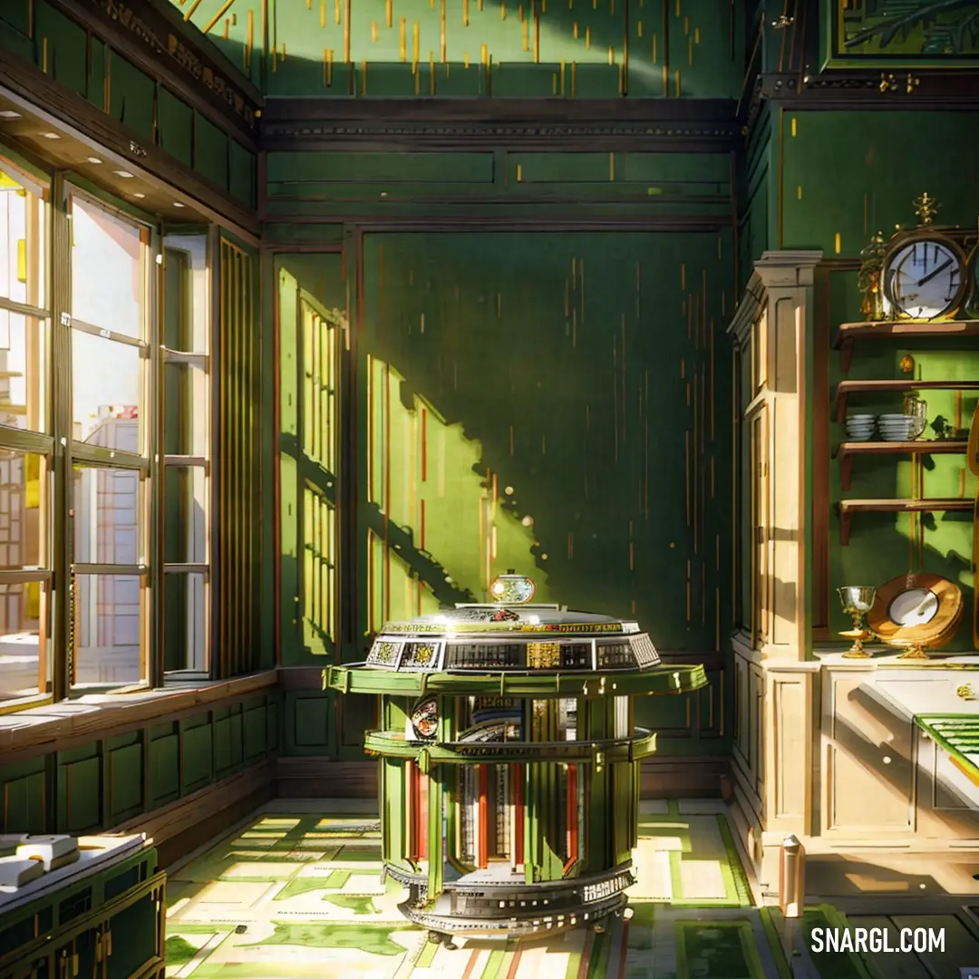Room with a green table and a clock on the wall and a window