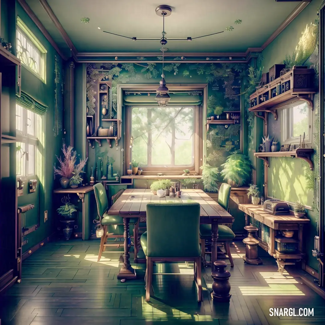 Room with a table and chairs and a window with a view of a forest outside of it and a lot of plants