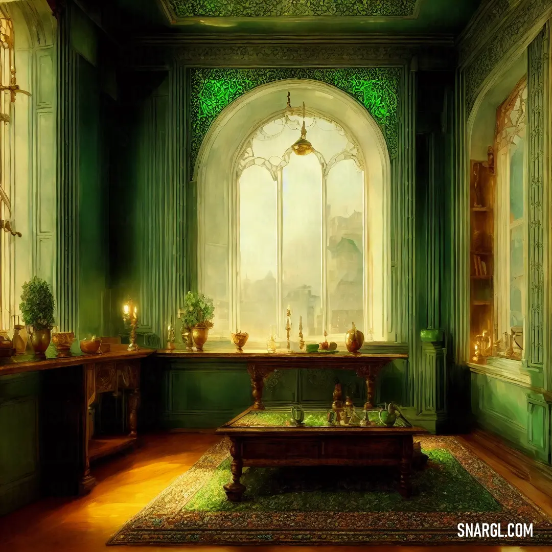 Room with a table and a large window in it with a green wall and a rug on the floor