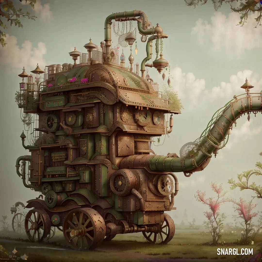 Steampunk house with a long pipe running out of it's roof and a garden on top