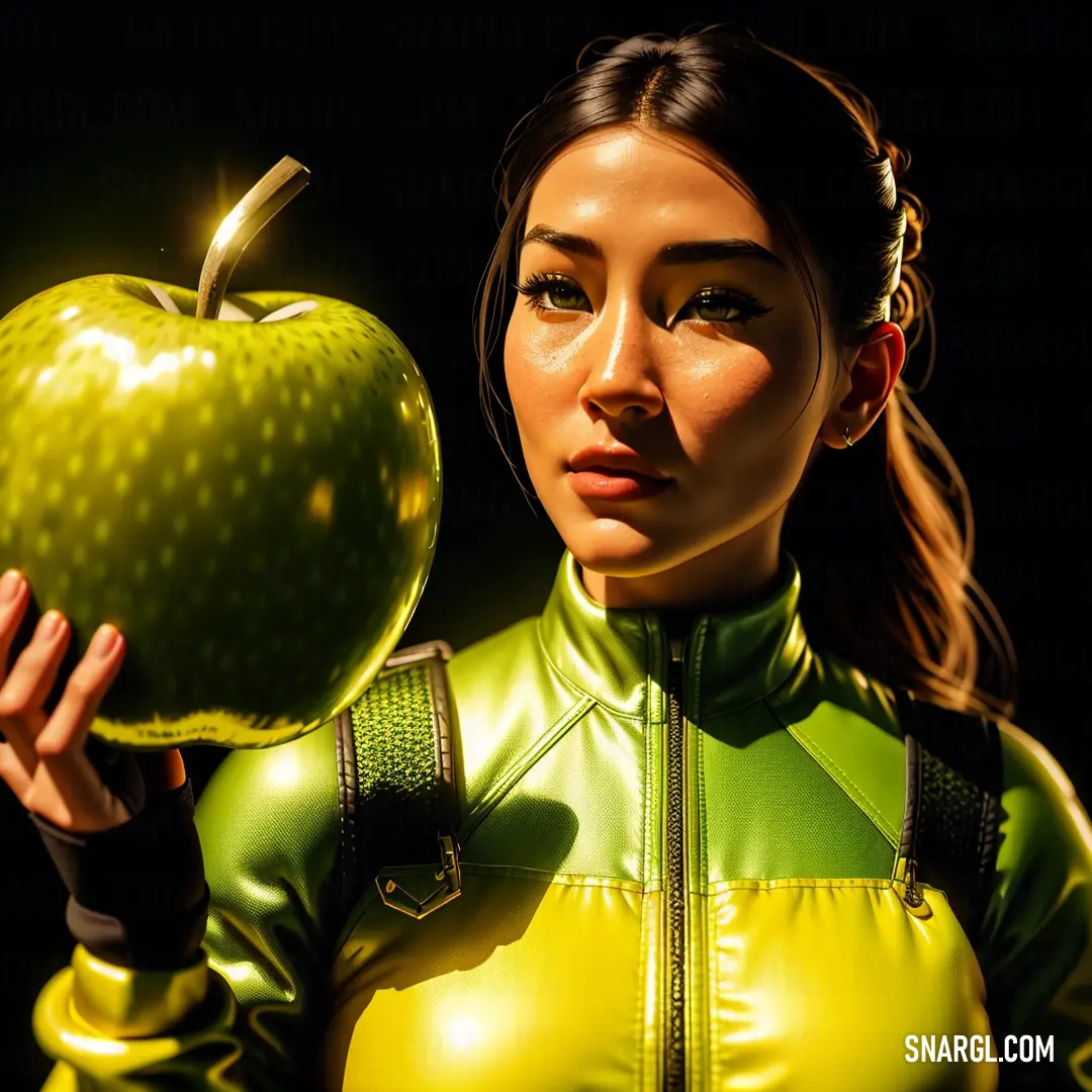 Woman in a green jacket holding an apple in her hand and a black background behind her is a black background
