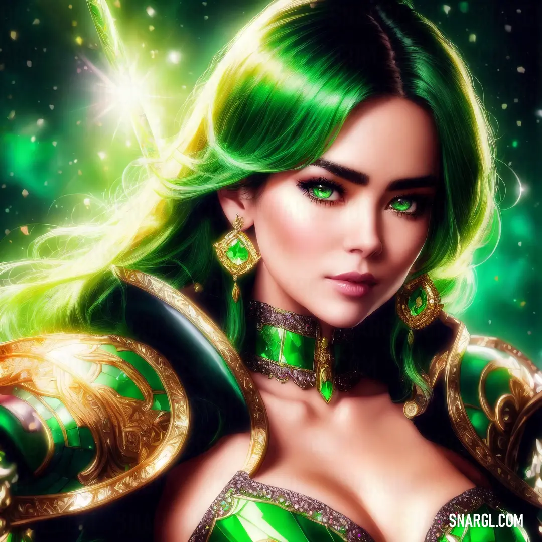 Woman with green hair and green makeup wearing a green costume and gold jewelry and earrings