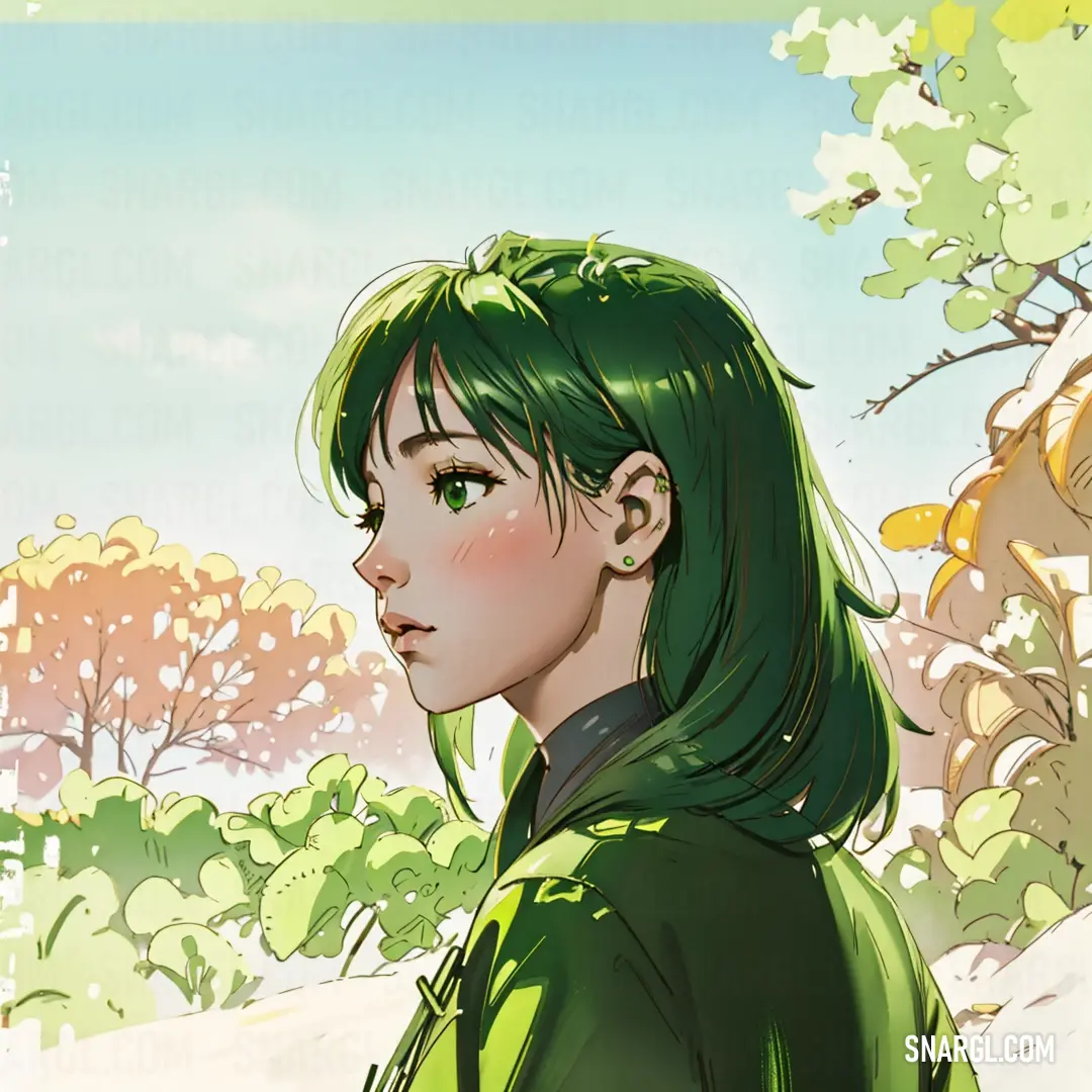 Woman with green hair and a green jacket on in the snow with trees in the background and a blue sky