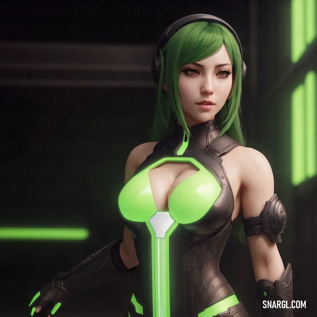 Woman with green hair and a futuristic outfit with a sword in her hand and a green light shining on her chest