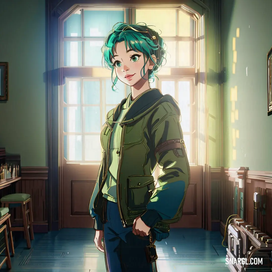 Woman with green hair standing in a room with a window and a table with a suitcase on it