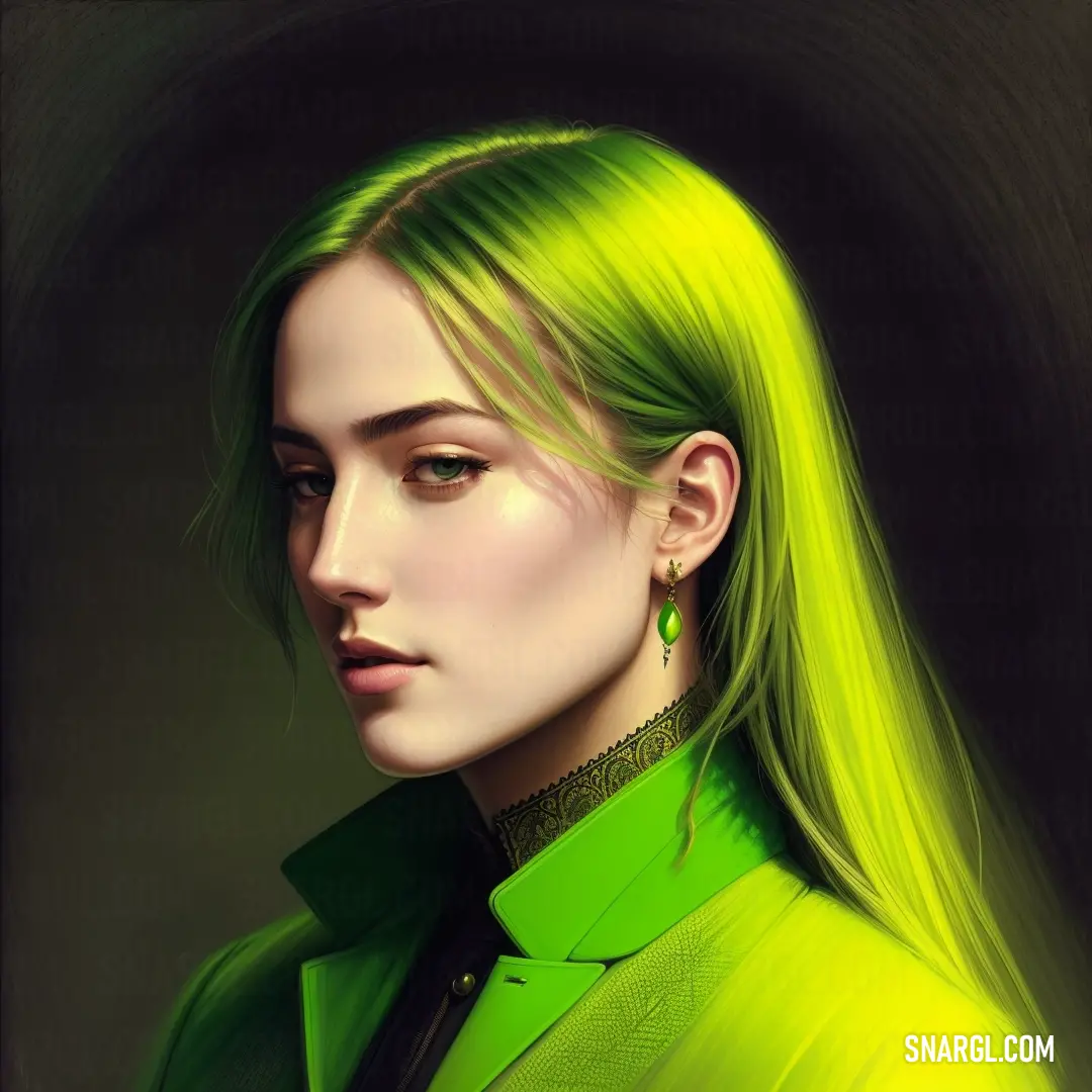 Woman with green hair and a green jacket on her shoulders