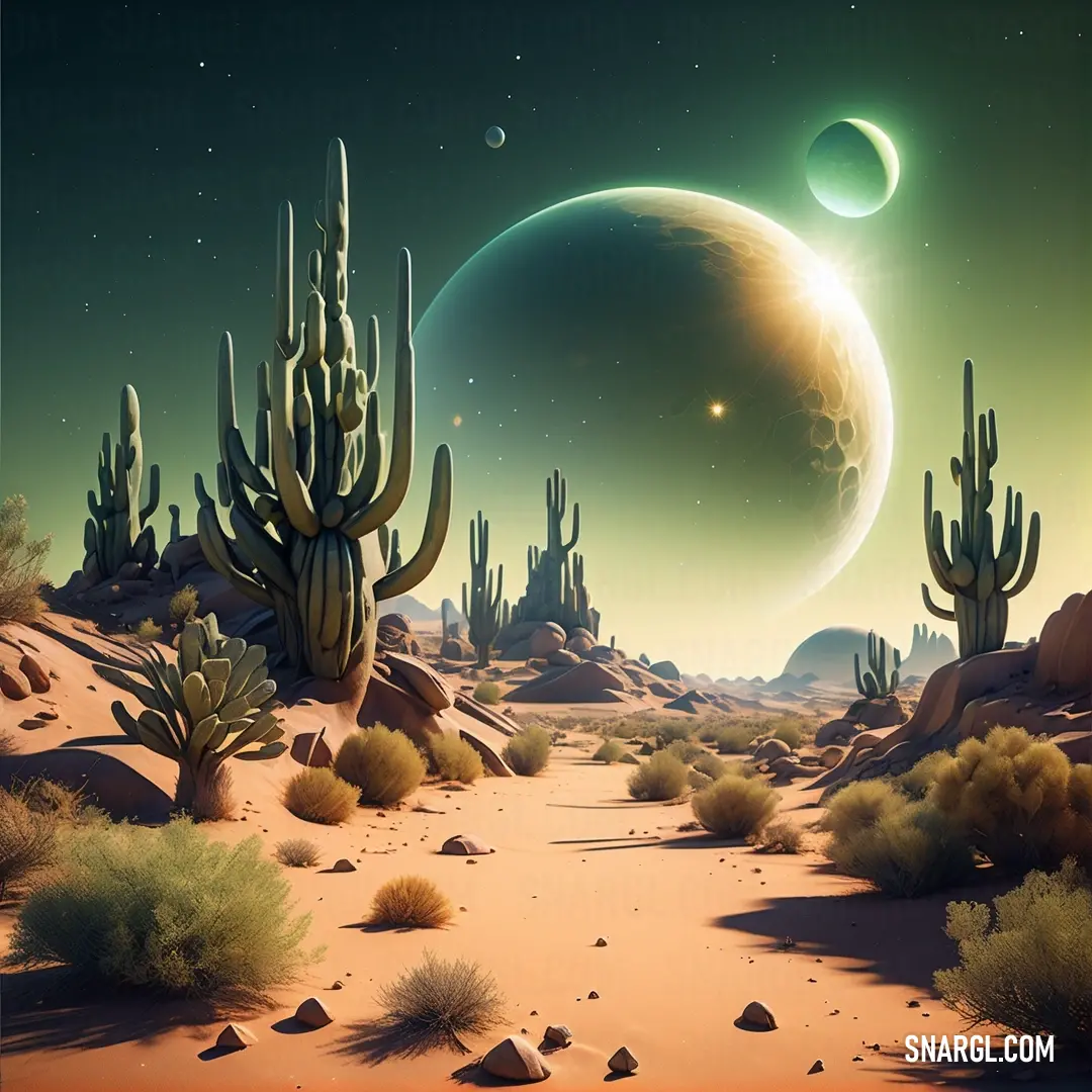 Desert scene with a moon and cactus plants in the foreground. Color CMYK 0,18,29,2.