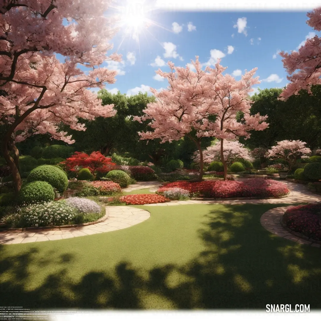 Garden with a lot of flowers and trees in it and a sun shining over the trees and bushes