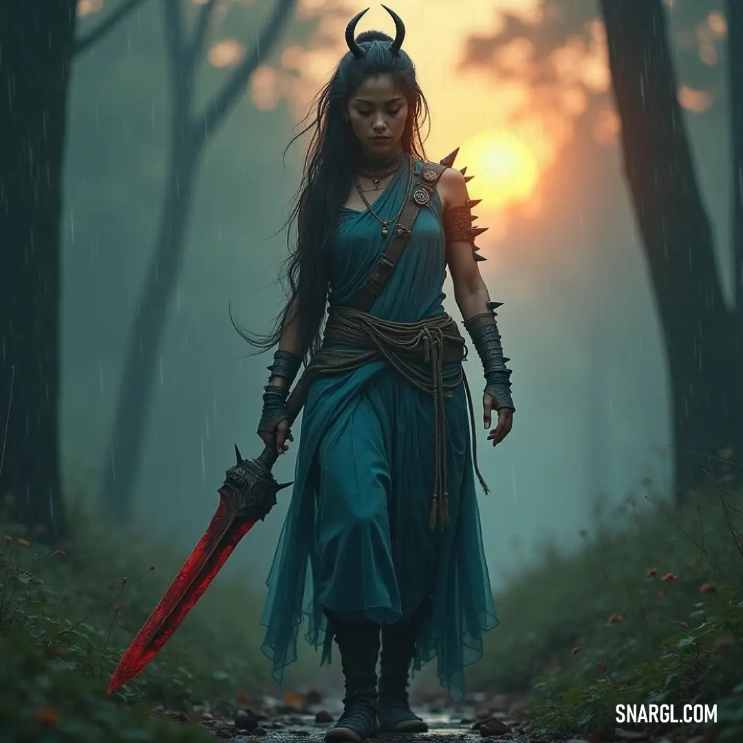 Set against the radiant hues of a sunset, this image features Apsara in her beautiful blue attire, holding a vivid red sword, as the sun shines brightly behind her, embracing the enchanting atmosphere of a captivating twilight forest. Apsara stands poised in a breathtaking forest at sunset, clad in a stunning blue gown, holding a striking red sword, with the sun casting a warm glow from behind, creating a mesmerizing interplay of colors that envelops the scene in magic.