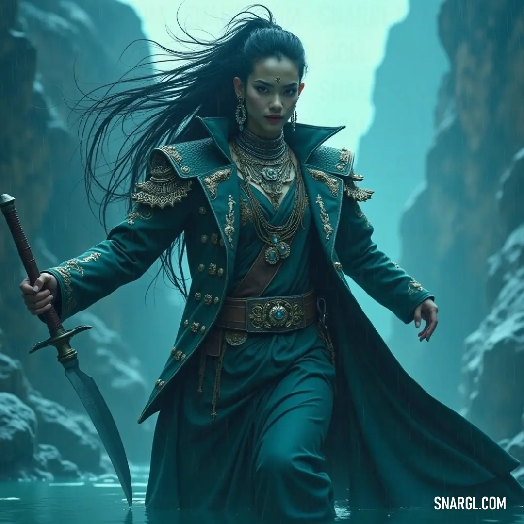 This striking depiction of Apsara showcases her in a vivid green ensemble, gripping her sword with fierce poise, set against a lush woodland backdrop that embodies the spirit of resilience and the beauty of nature's embrace. Apsara stands confidently in a vibrant green outfit, fiercely holding a sword in her hand, exuding an aura of determination and bravery amidst an enchanting woodland that reflects the vitality of nature and the strength of the spirit.