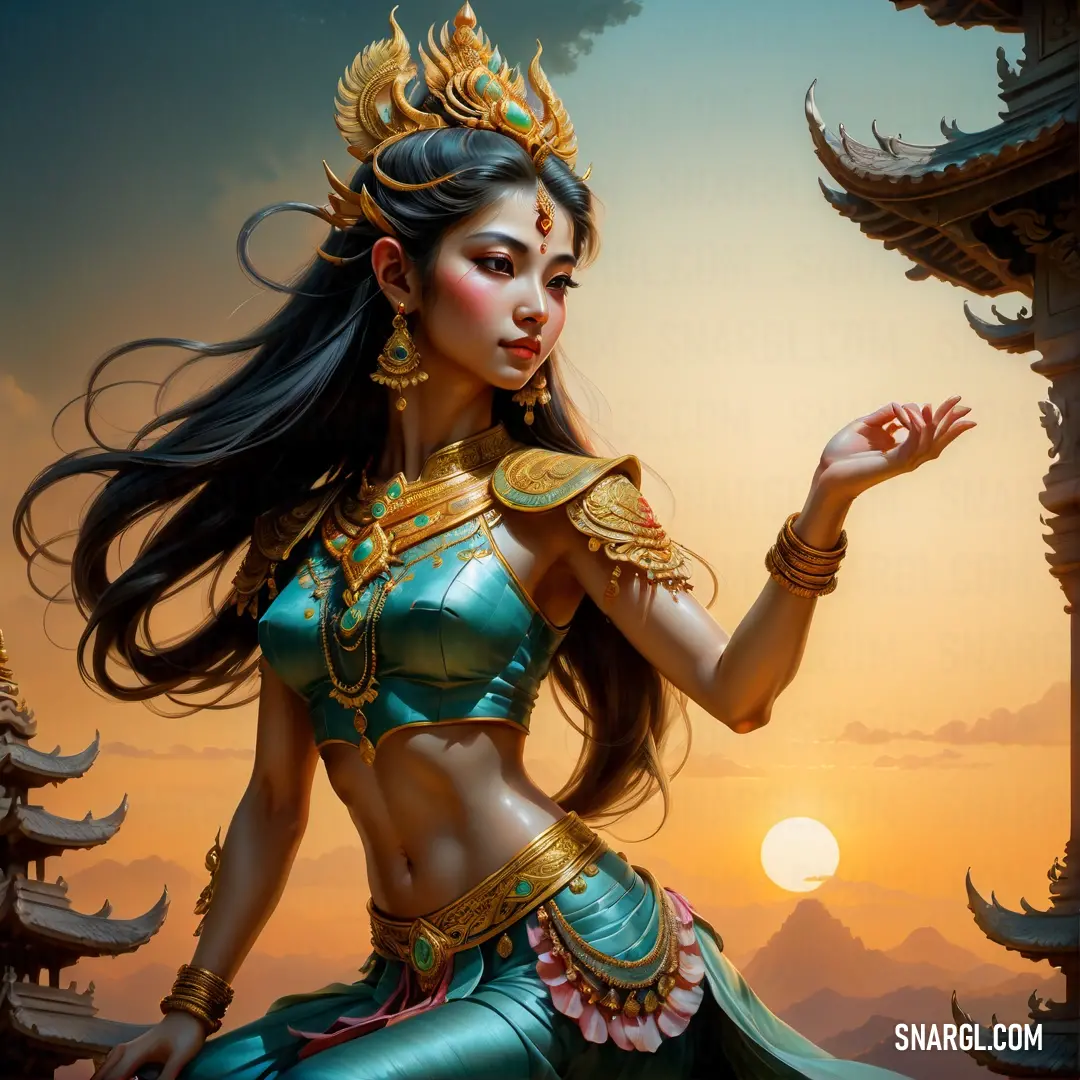 Beautiful female Apsara in a blue dress with a gold crown on her head and a sunset behind her