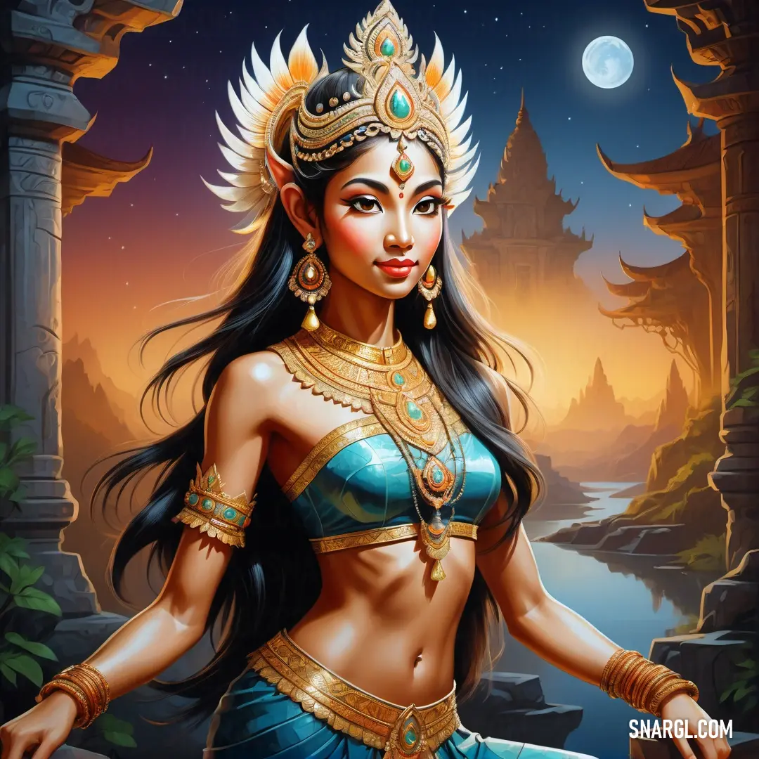 Beautiful female Apsara in a blue outfit with a gold headpiece and a moon in the background