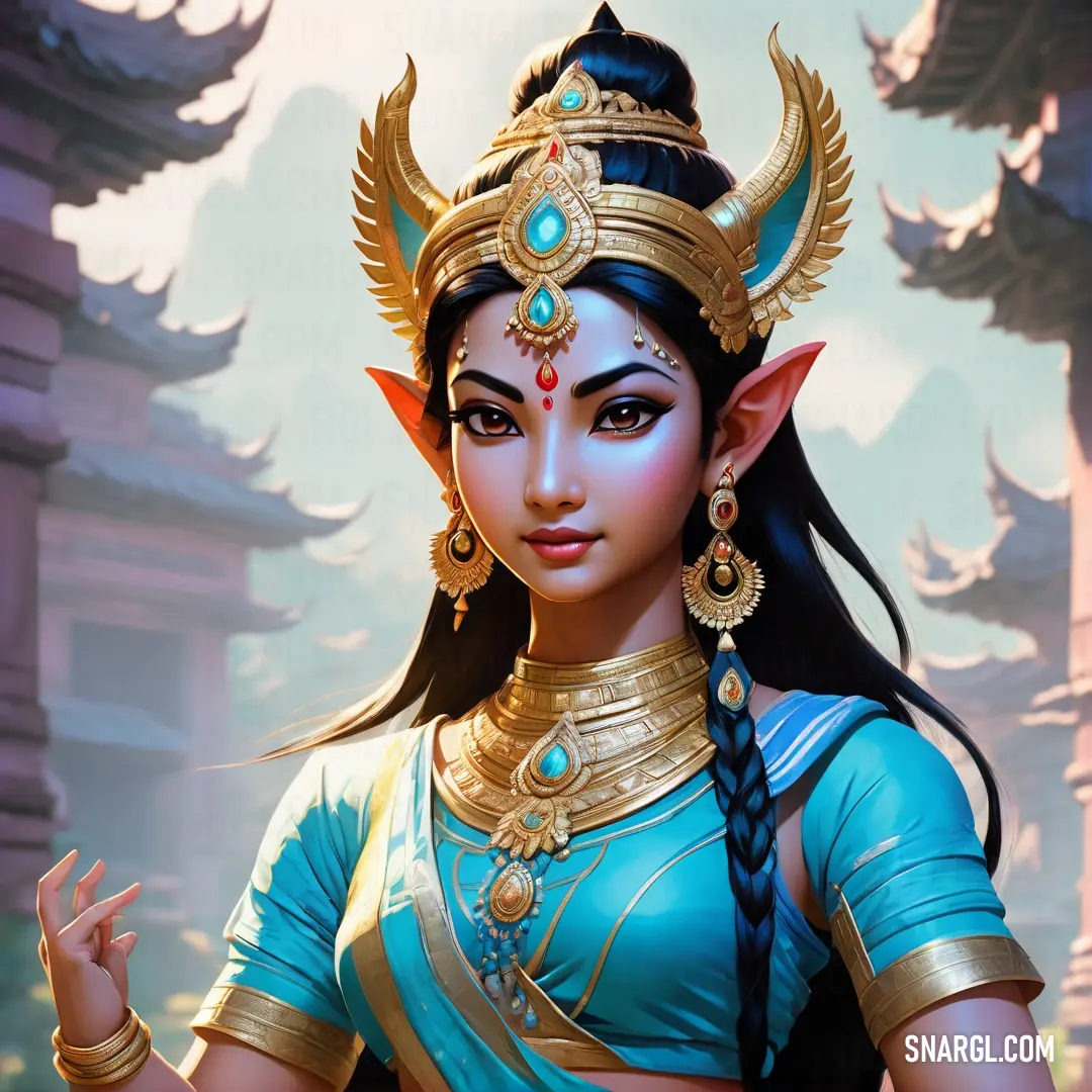 Apsara dressed in a blue outfit with gold jewelry and a crown on her head