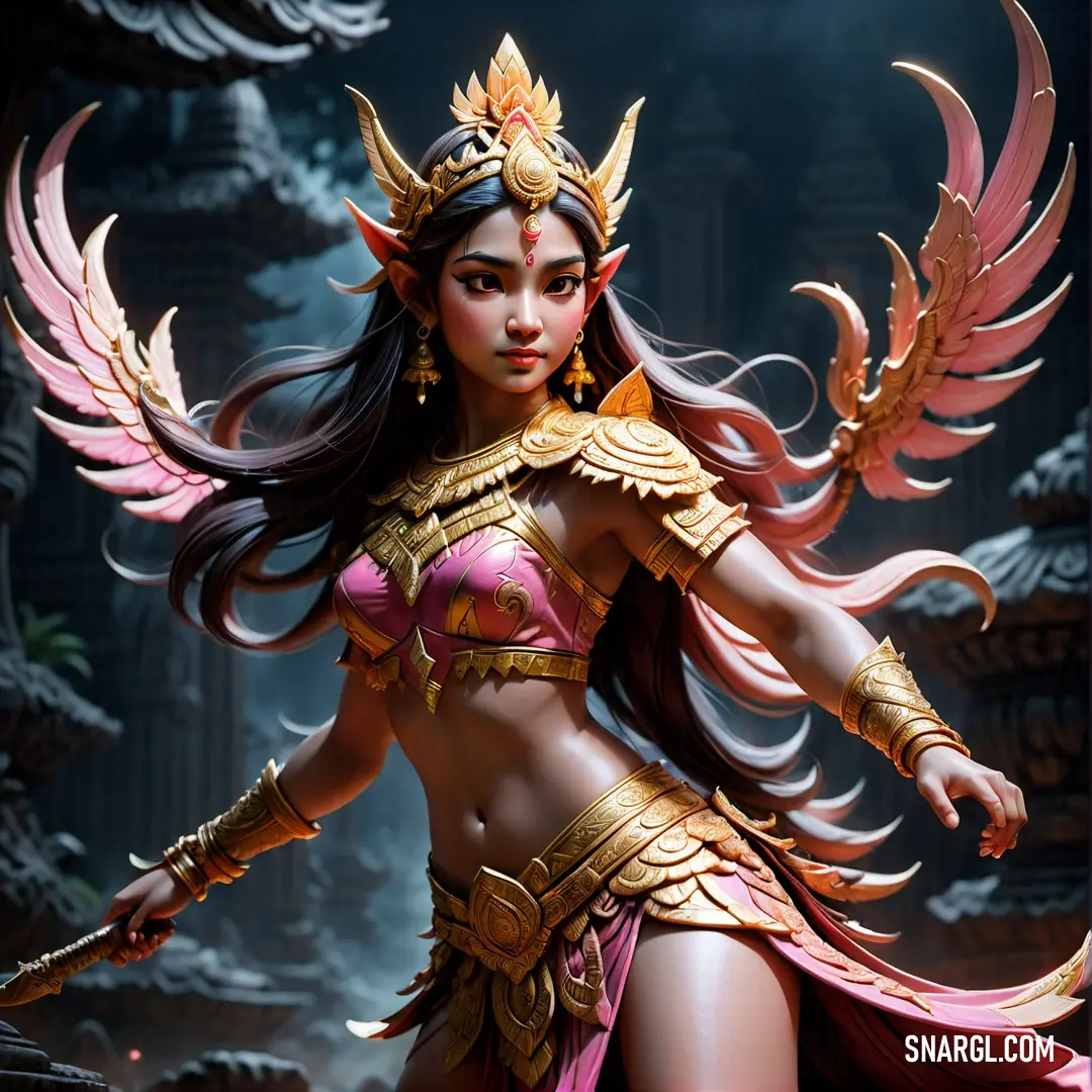 Apsara dressed in a costume with wings and a sword in her hand