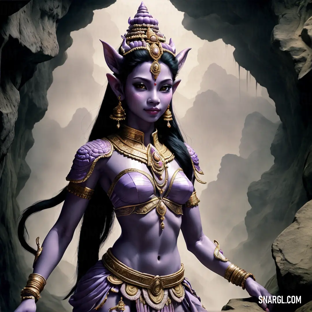 Apsara dressed in a costume standing in a cave with a sword in her hand and a demon like headpiece