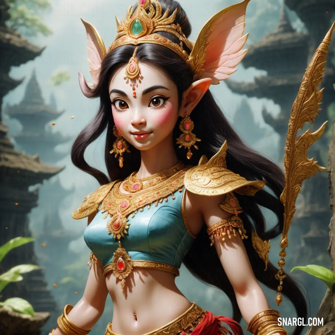 Apsara dressed in a costume with a bird on her head