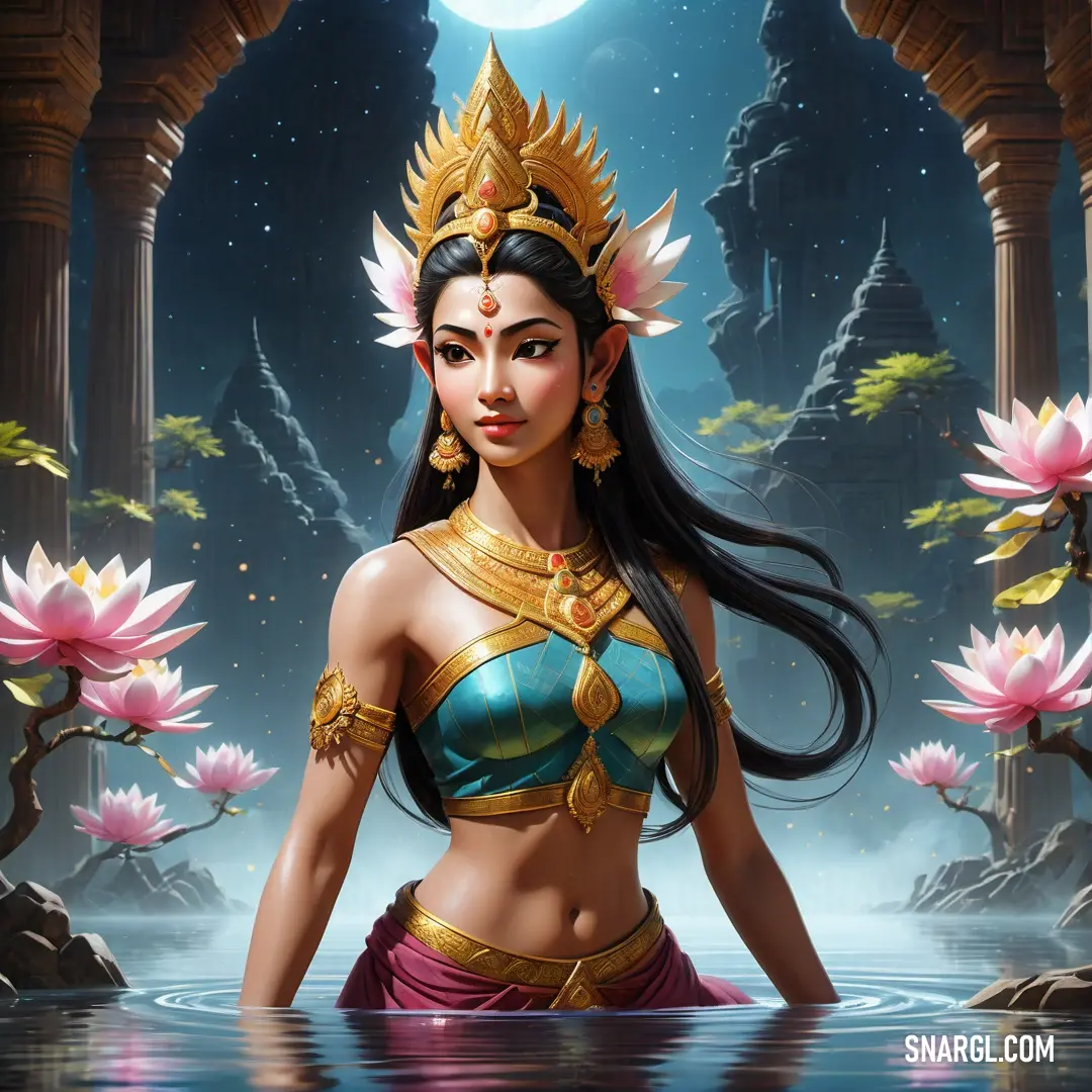 Apsara in a bikini and headpiece standing in water with lotuses around her and a full moon in the background