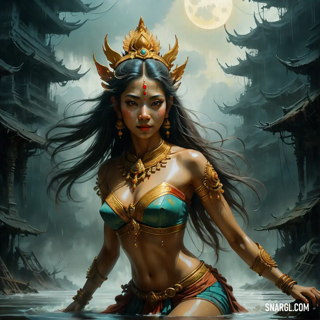 Apsara in a bikini and headpiece with a sword in her hand and a full moon in the background