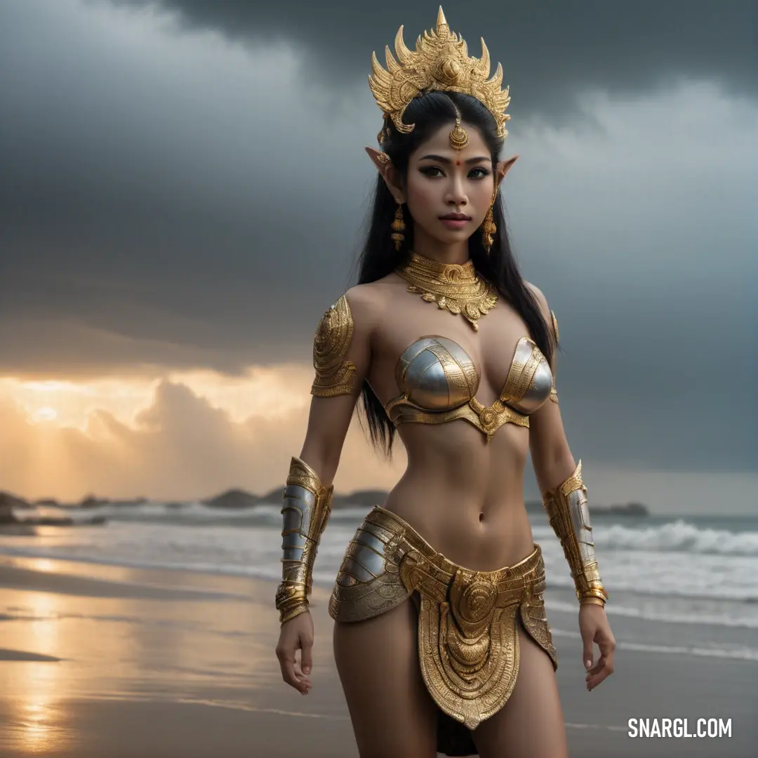 Apsara in a bikini and gold costume on the beach with a storm in the background and a sunbeam