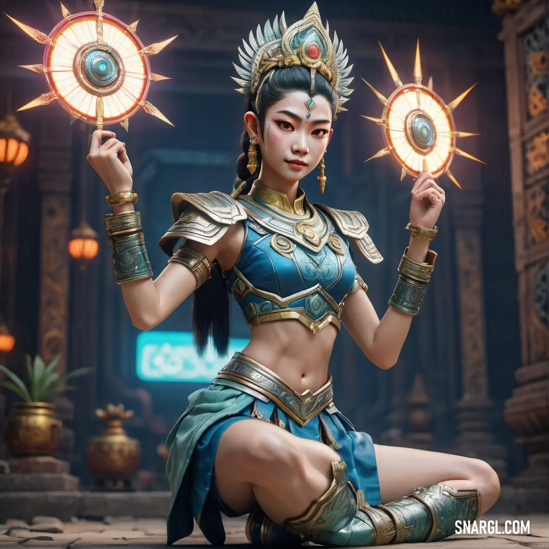 Apsara in a costume holding two lights up to her face and on the ground in front of a building