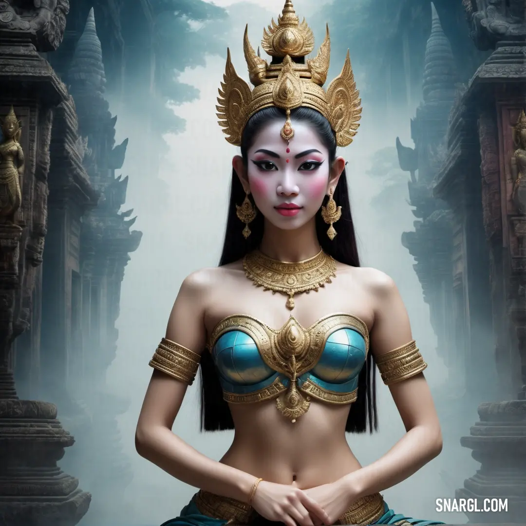 Apsara in a costume with a crown on her head and a body painted like a demon with horns