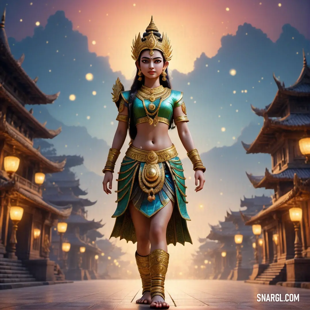 Apsara in a costume is walking in a courtyard with lanterns and lanterns on the ground behind her