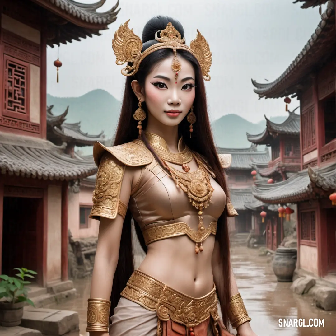 Apsara in a costume standing in front of a building with a lot of asian architecture on it's sides