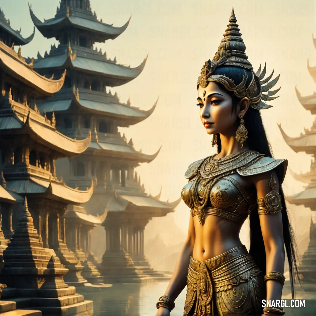 Apsara in a costume standing in front of a building with a lot of pagodas in the background