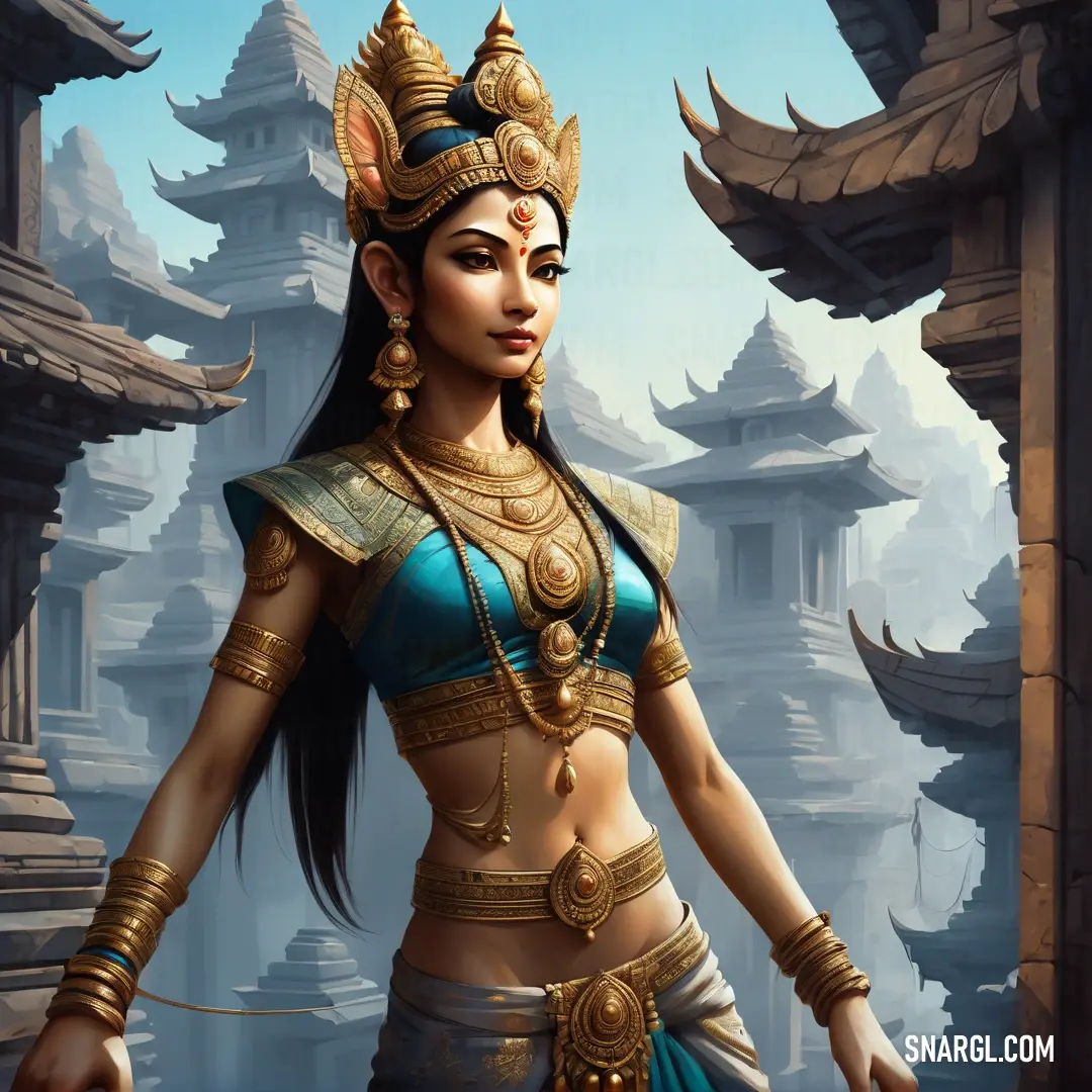 Apsara in a costume standing in front of a building with a sword in her hand and a helmet on her head