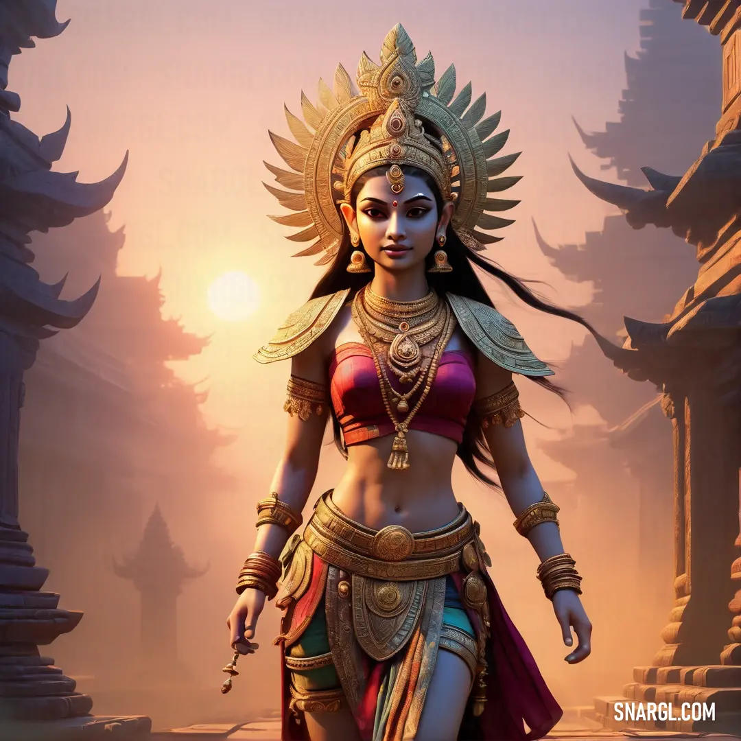 Apsara in a costume walking through a forest at sunset