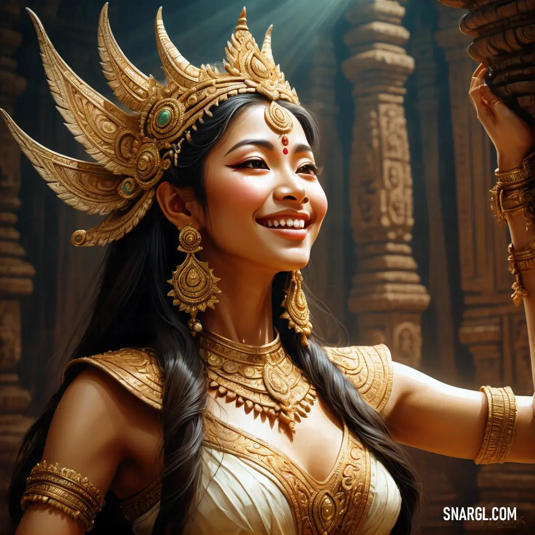 Apsara in a golden outfit with a smile on her face and a large headpiece on her head