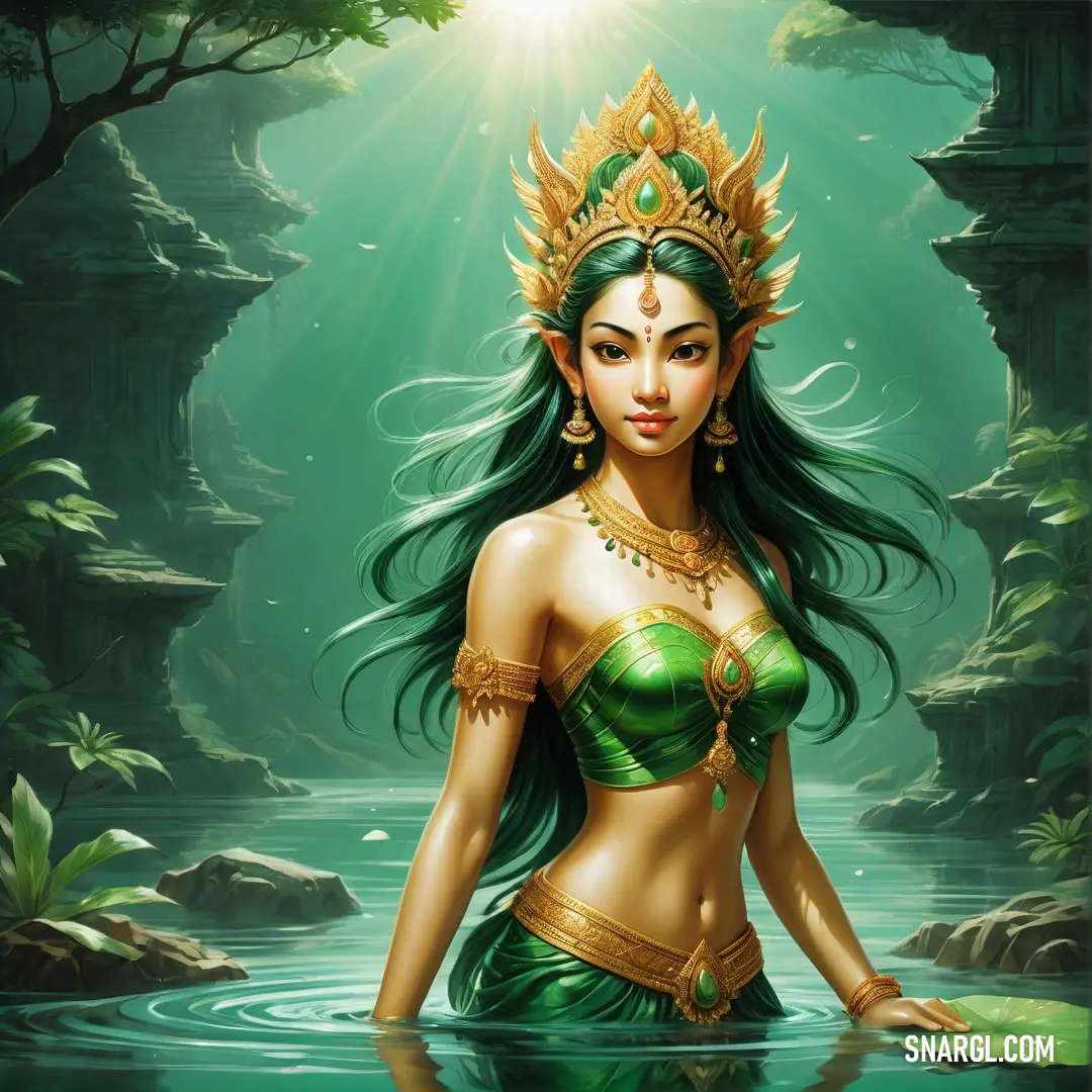 Apsara in a green bikini and crown in water with trees in the background