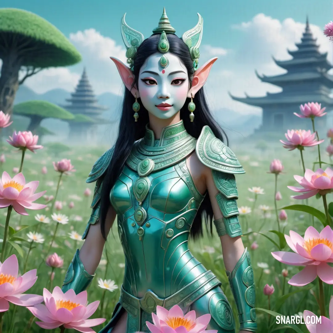 Apsara in a green dress standing in a field of flowers with a dragon on her head