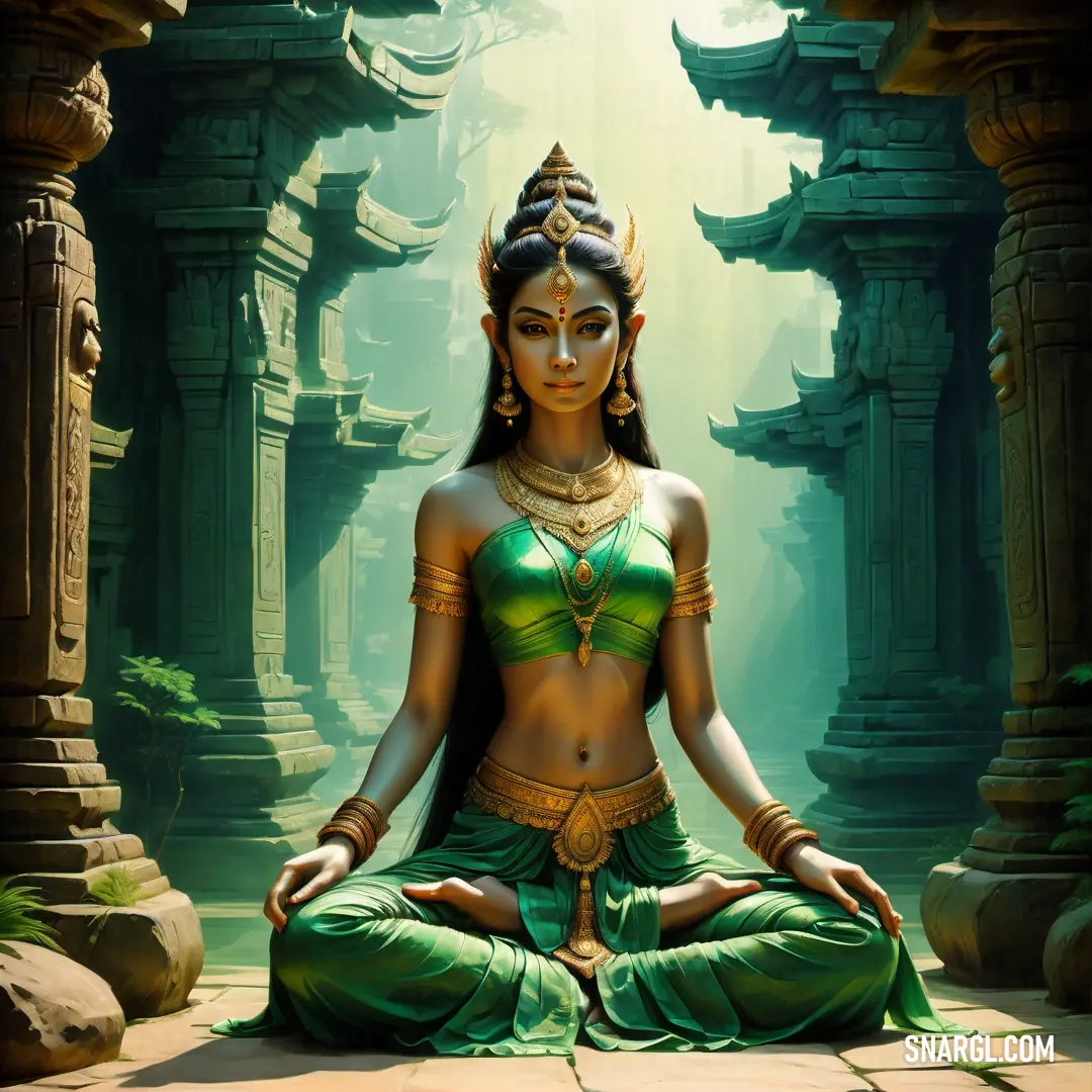 Apsara in a green outfit in a meditation position in a temple setting with a light shining through the trees