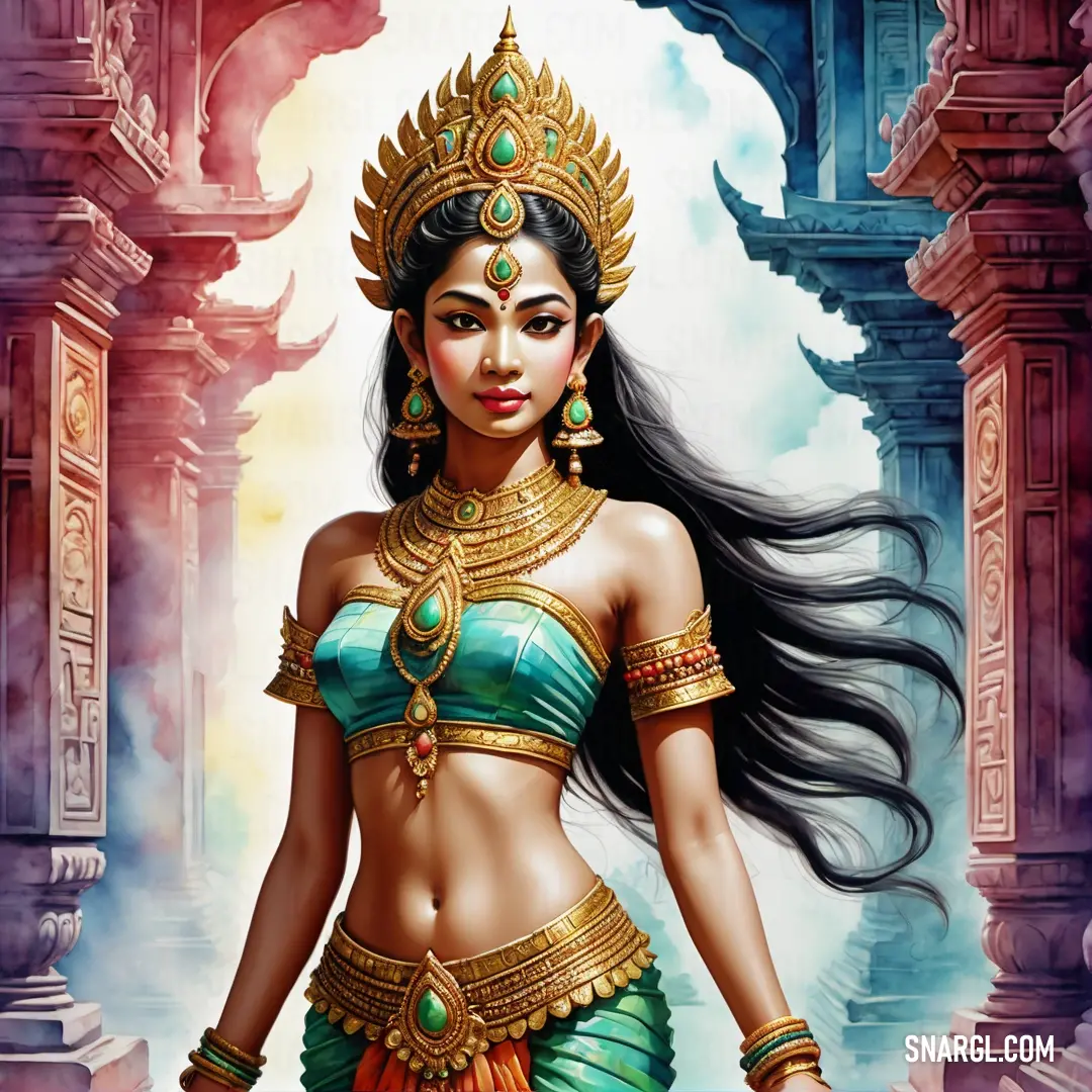 Apsara in a green and gold costume with long hair and a crown on her head