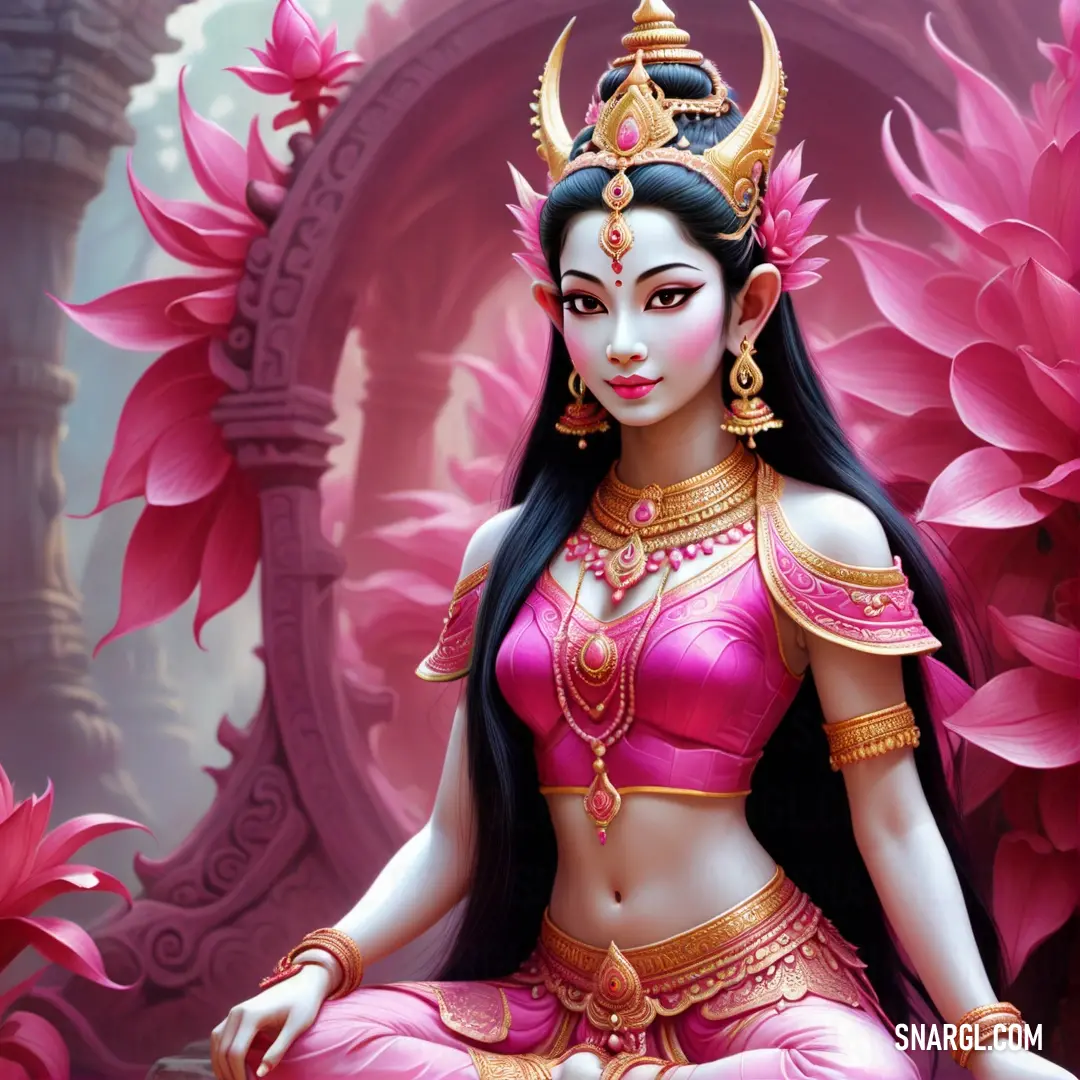Apsara in a pink outfit on a pink flower covered ground with a crown on her head