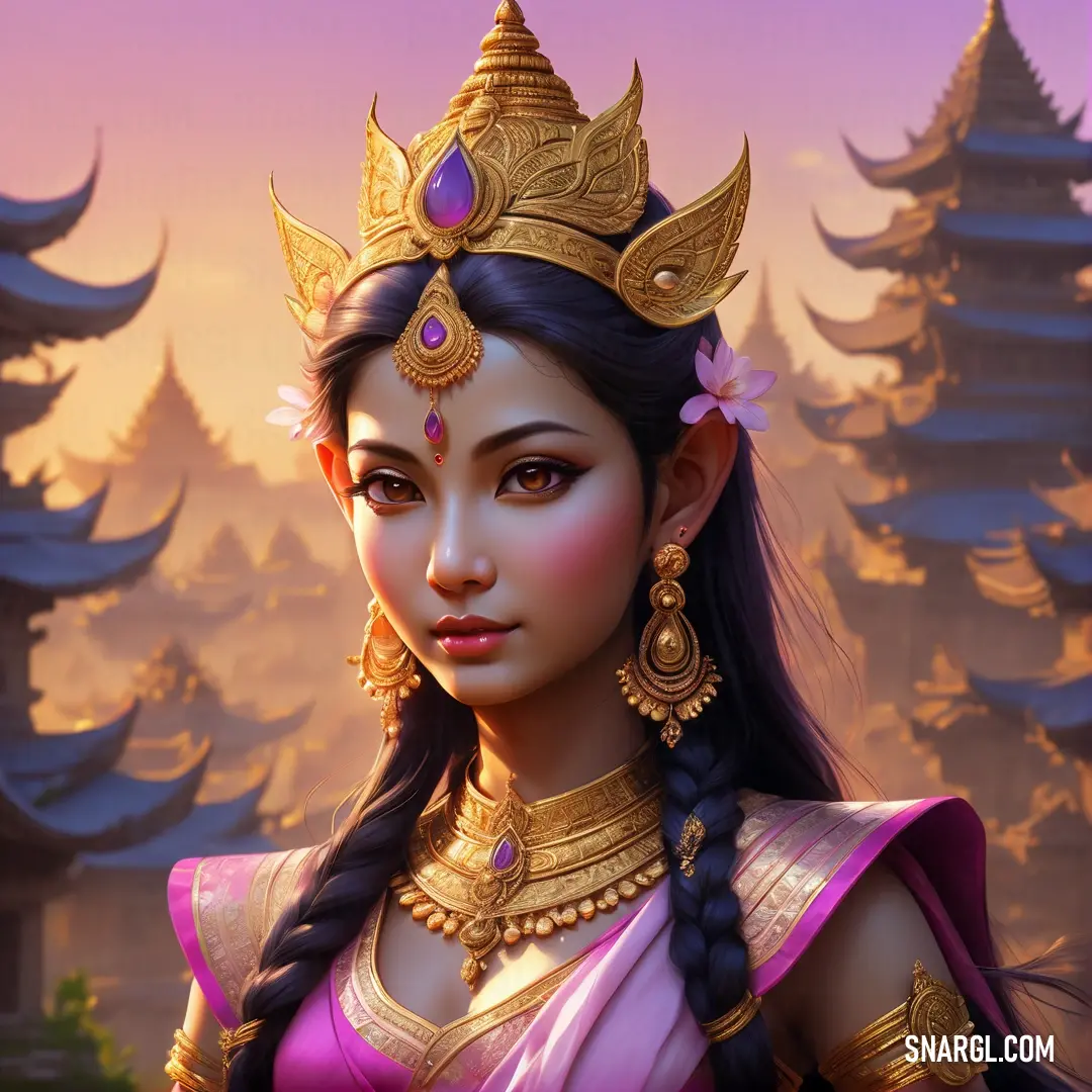 Apsara in a purple dress with a gold crown on her head and a pink background