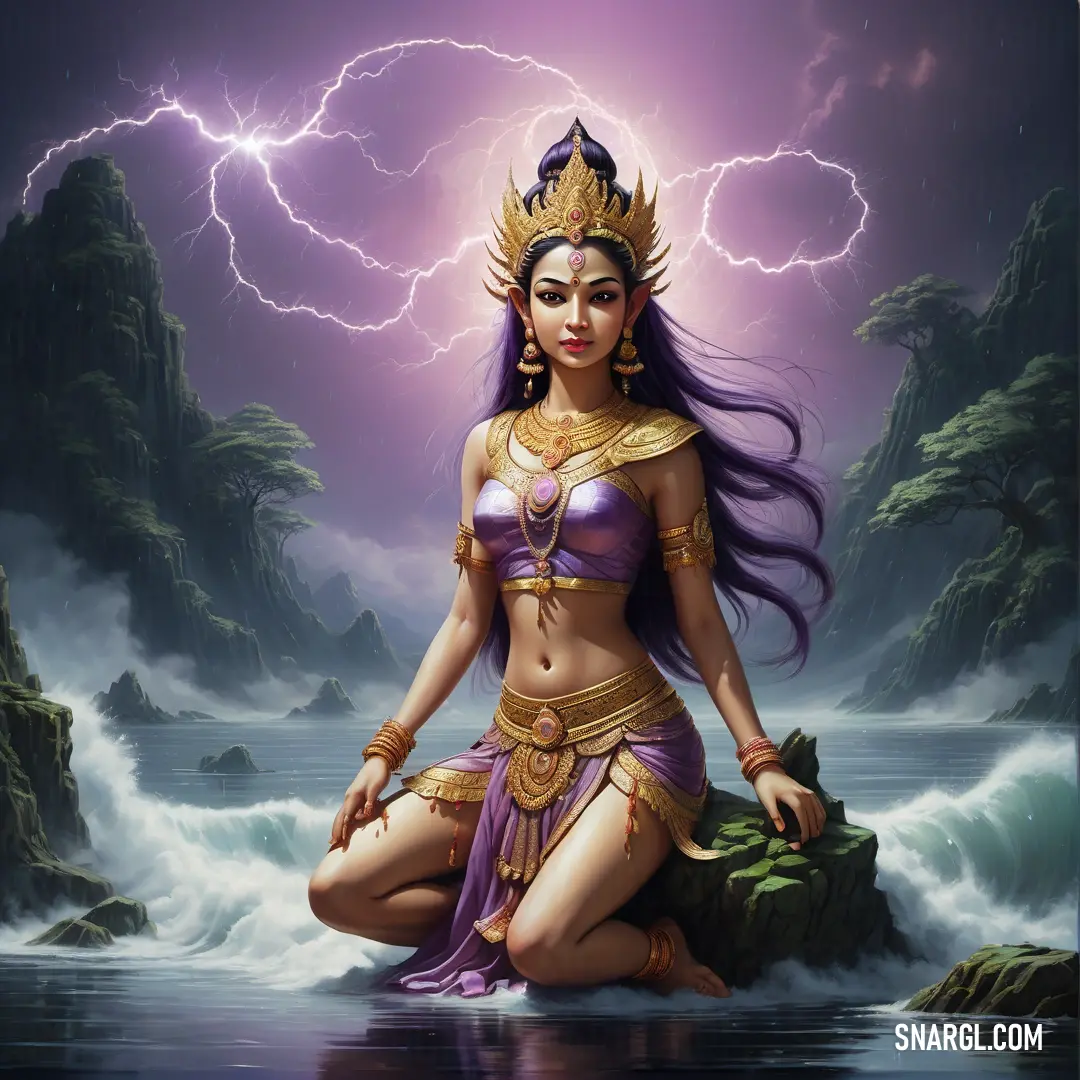 Apsara in a purple outfit on a rock in the water with lightning in the background
